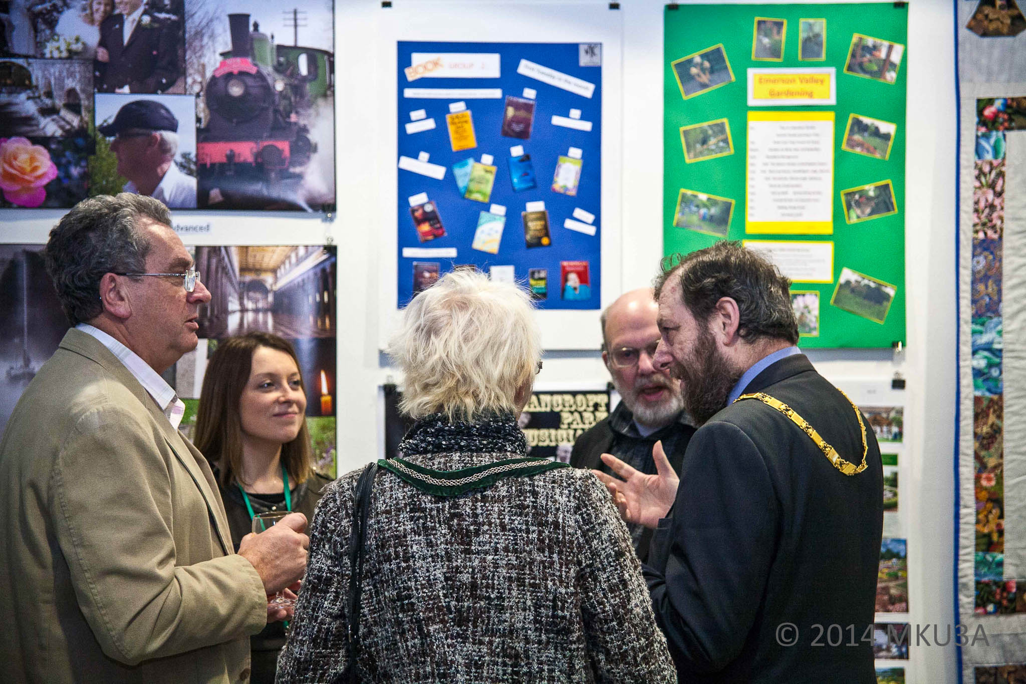 Chair of MKU3A Stephen Royle, Emma Fry of the MK Gallery, Mayoress Mrs Leena Lindholm-White., MKU3A Webmaster Derek Barrett , Mayoress Mrs Leena Lindholm-White and Mayor of Milton Keynes, Councillor Brian White 