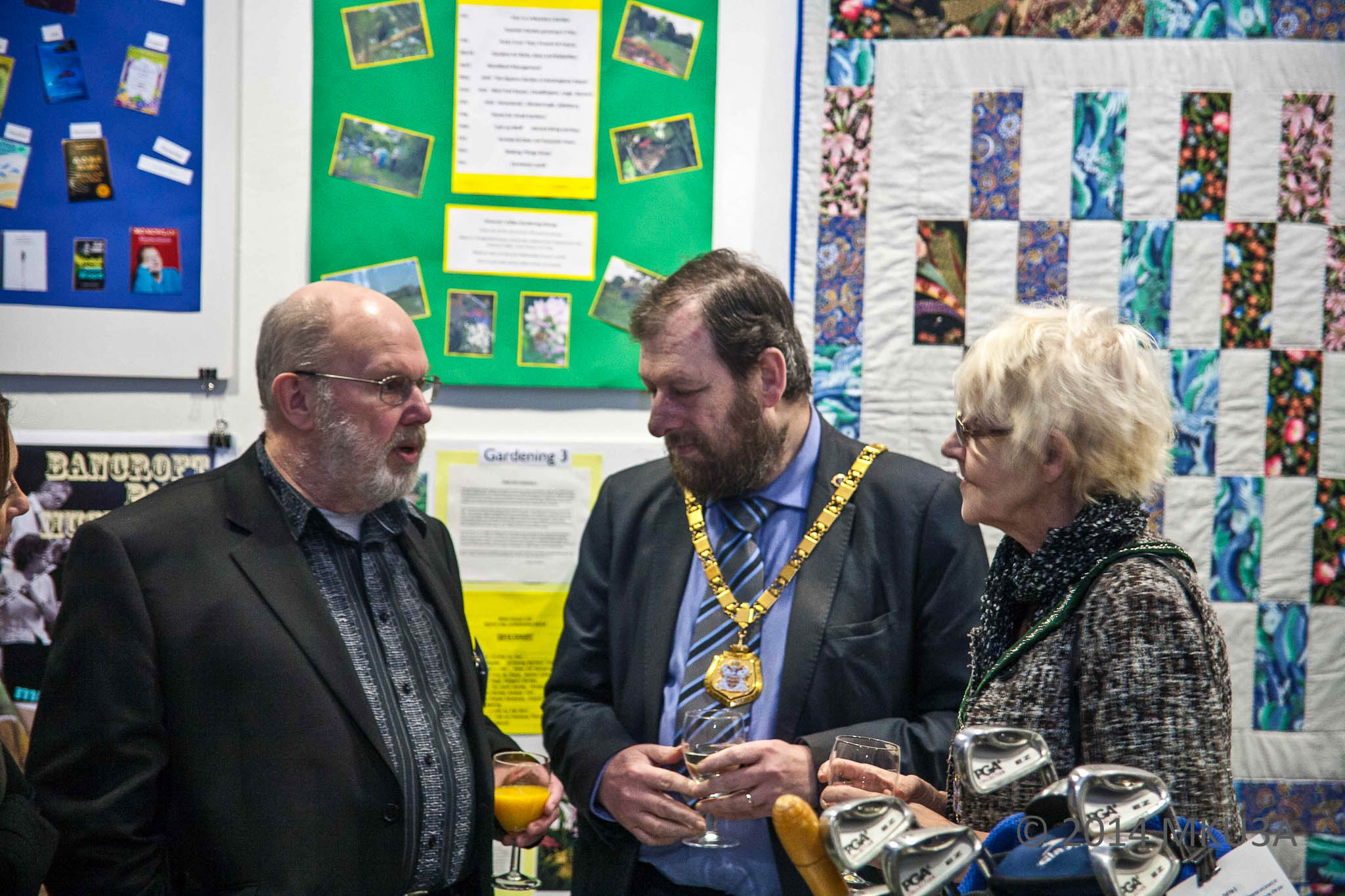 The Mayor of Milton Keynes, Councillor Brian White and Mayoress, Mrs Leena Lindholm-White talk with MKU3A Webmaster Derek Barrett about the exhibition